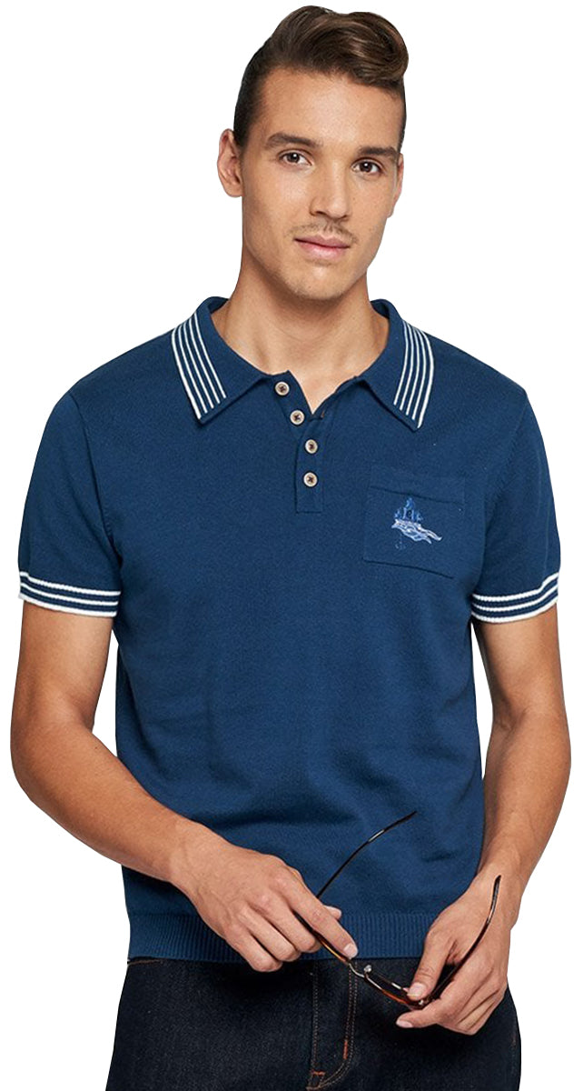 Collectif_PERU_NAUTICAL_Embroidered_RETRO_Kurzarm_POLO_SHIRT_Oberteil_Blau-1