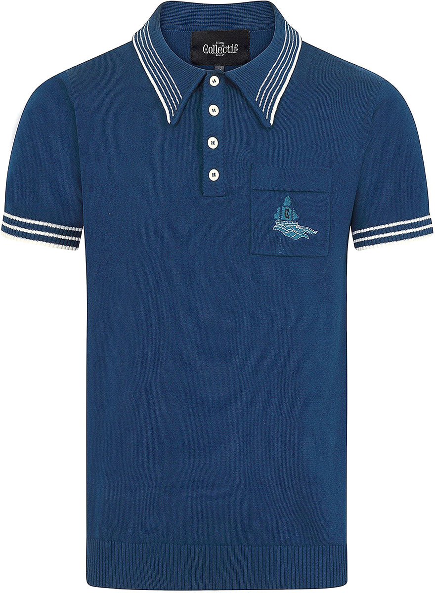 Collectif_PERU_NAUTICAL_Embroidered_RETRO_Kurzarm_POLO_SHIRT_Oberteil_Blau-2