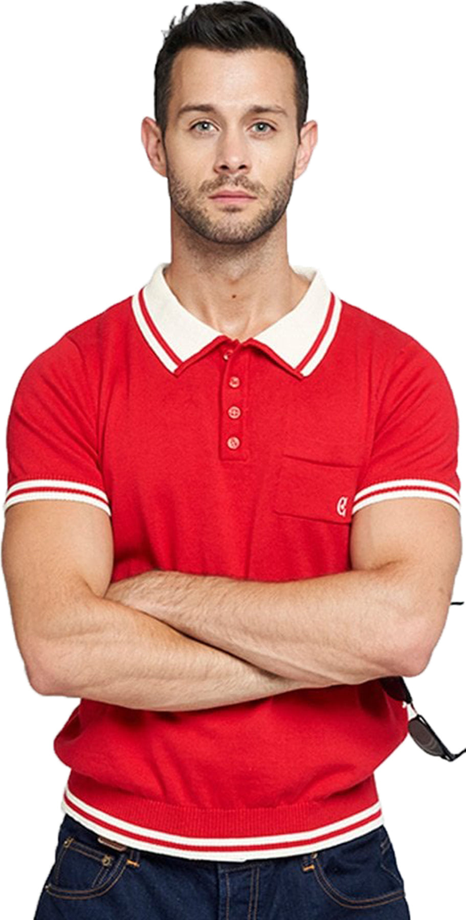 Collectif_PERU_Vintage_KNITTED_Retro_Feinstrick_Kurzarm_POLO_SHIRT_Rot-Creme_killer_kirsche