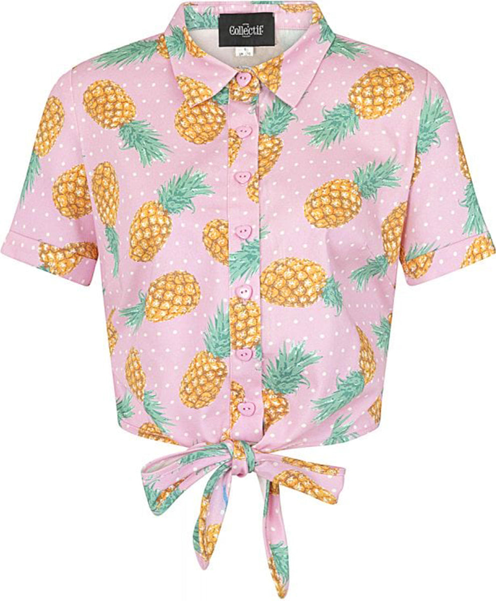 Collectif_SAHMMY_Polka_Dot_PINEAPPLE_Ananas_Tie_BLOUSE_Bluse_SHIRT-2QDFloBkNiUFQb