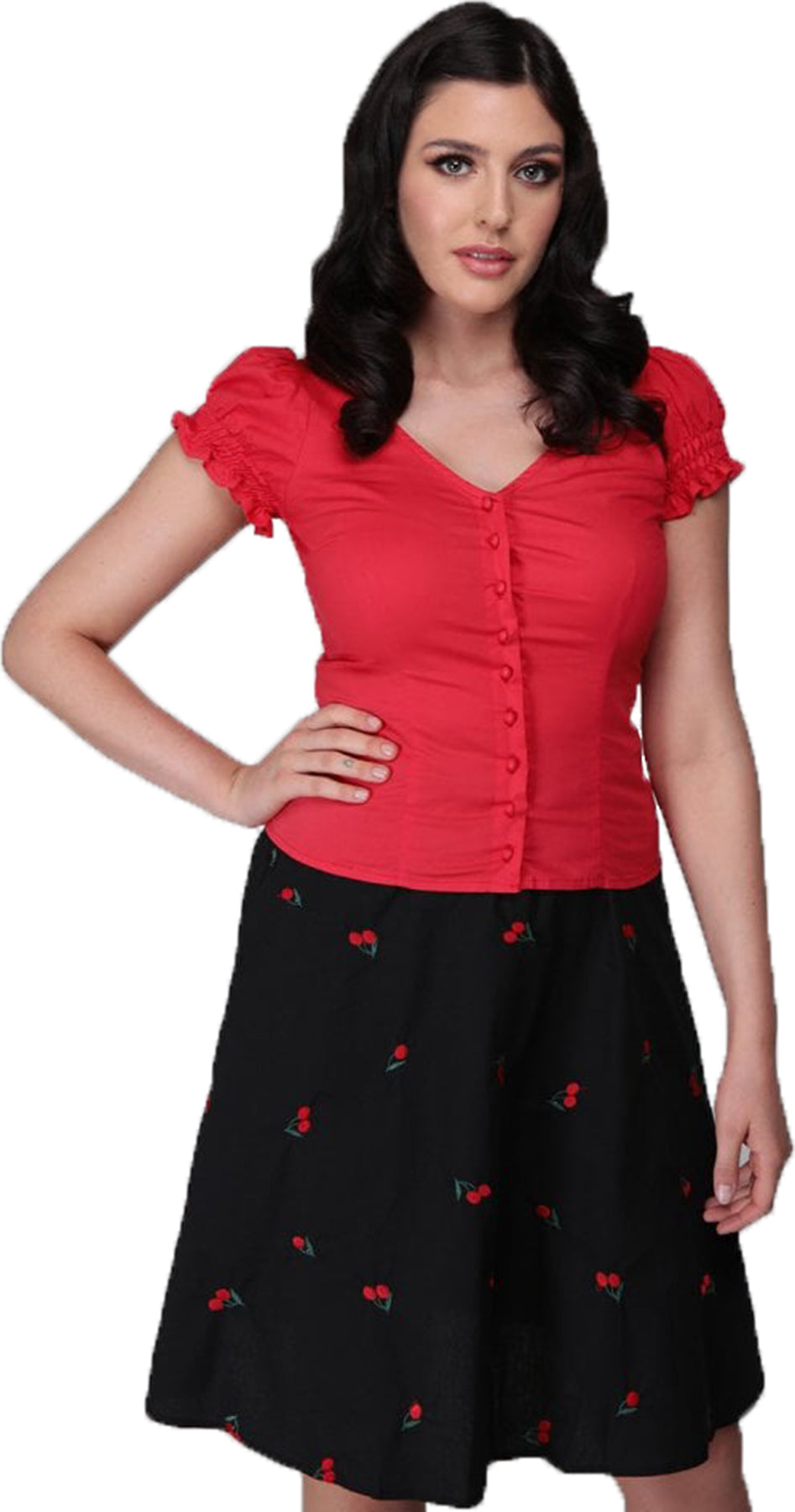 Collectif_SOFIA_Vintage_PLAIN_TOP_Puffaermel_V-NECK_50s_Bluse_SHIRT_Rot-Pink-1