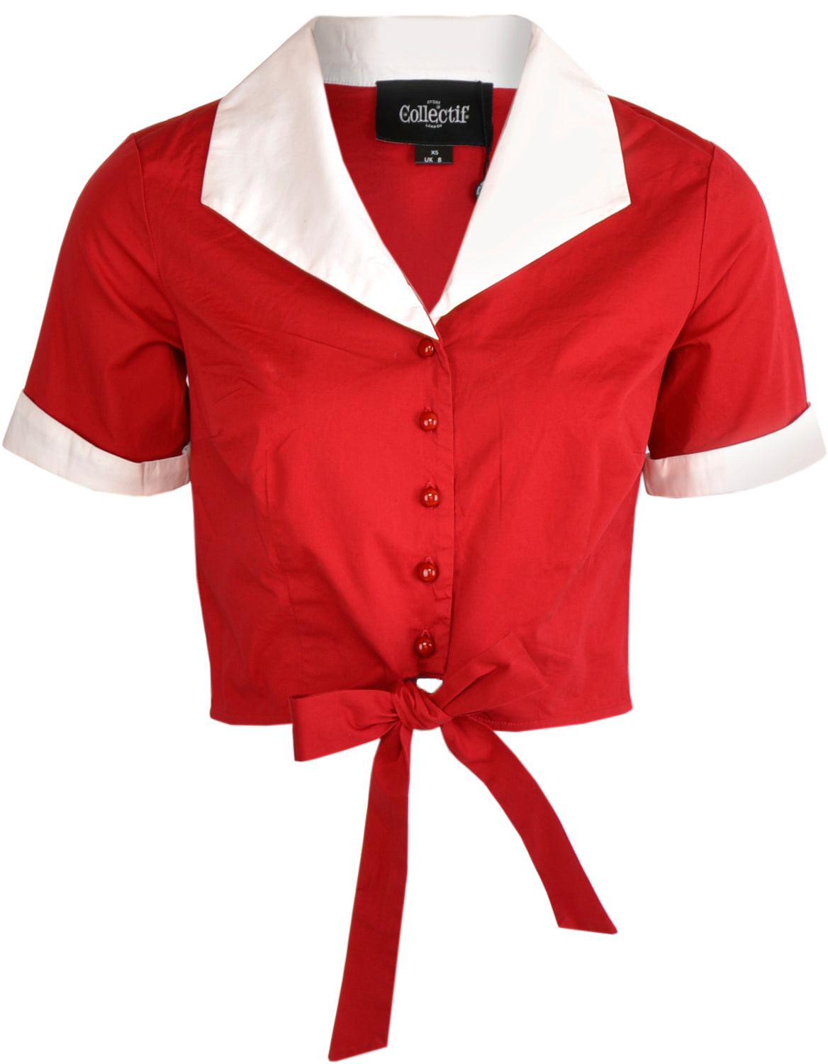 Collectif_TAYLOR_TWO-TONE_Retro_CROPPED_Buttoned_Schleife_Kurzarm_BLUSE_Tie_Top_Killer_Kirsche-1