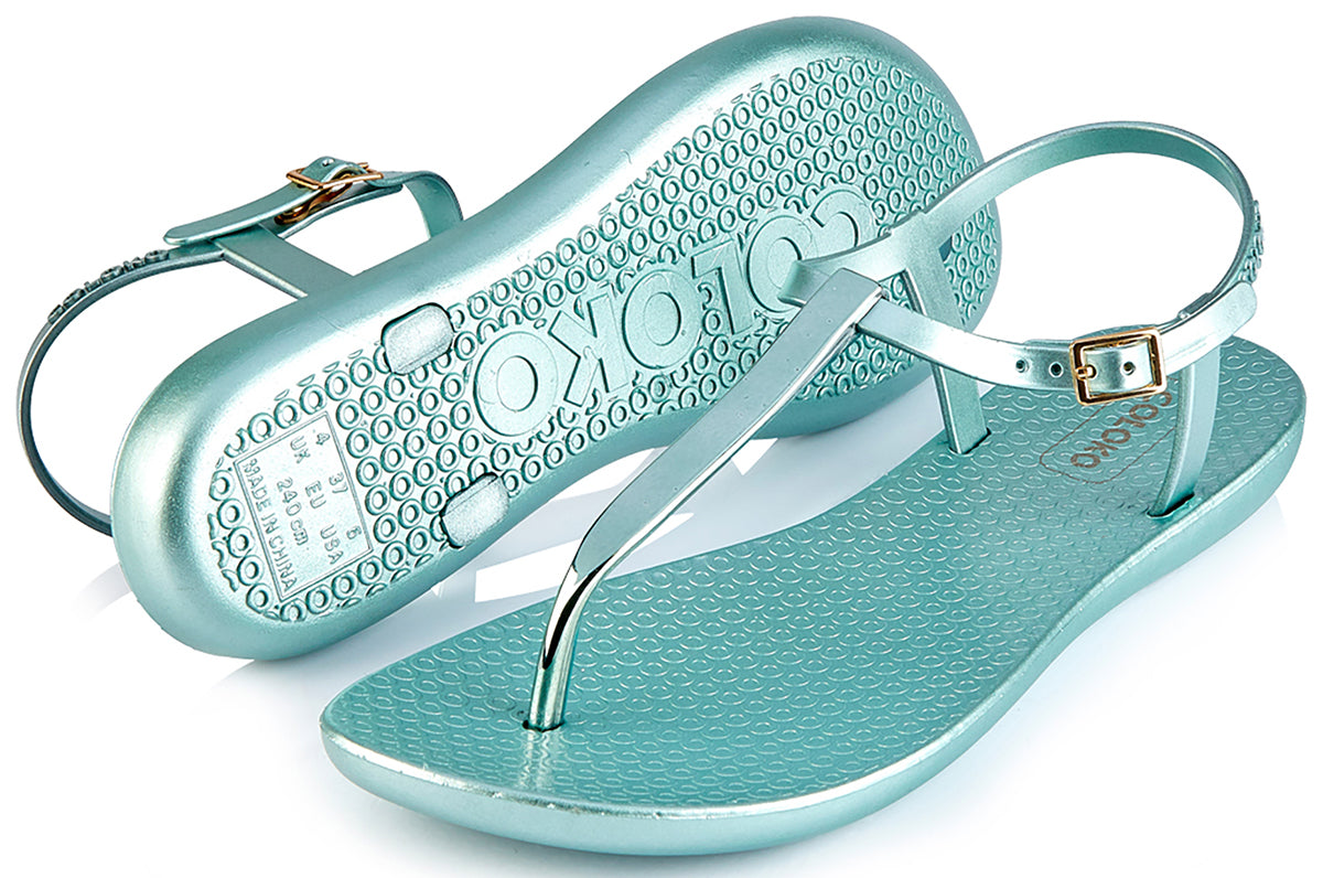 Coloko_SAKURA_Retro_T-Strap_METALLIC_Zehentrenner_SANDALEN_Tuerkis-1