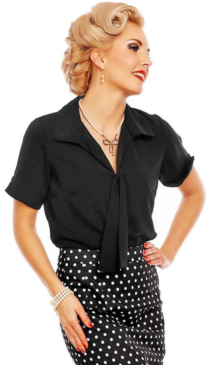 Dolly_and_Dotty_RUBY_Vintage_BOW_Kurzarm_BLUSE_V-Neck_Oberteil_Blouse-2