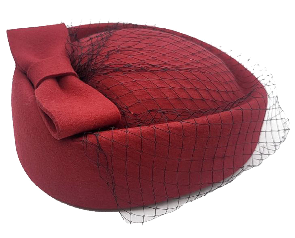 Edler_SCHLEIER_Vintage_Wool_Federn_Veiled_Pillbox_HAT__Weinrot-1