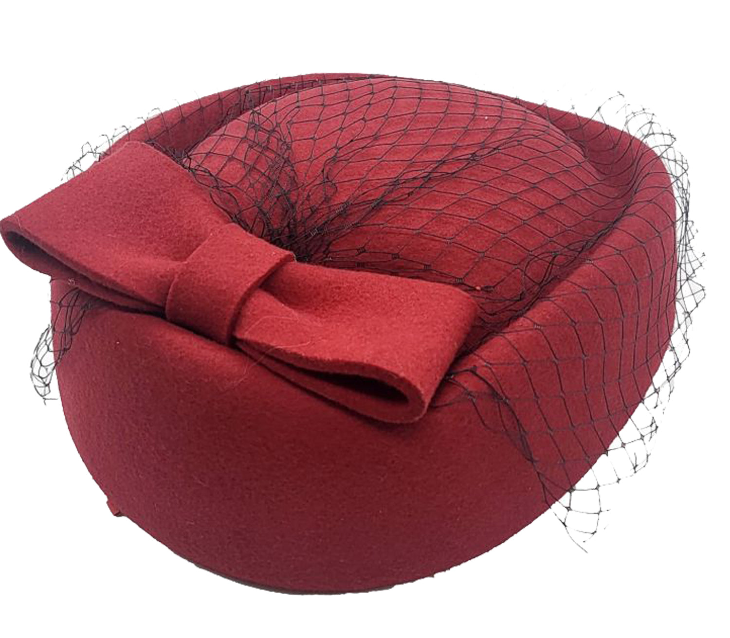 Edler_SCHLEIER_Vintage_Wool_Federn_Veiled_Pillbox_HAT__Weinrot-2