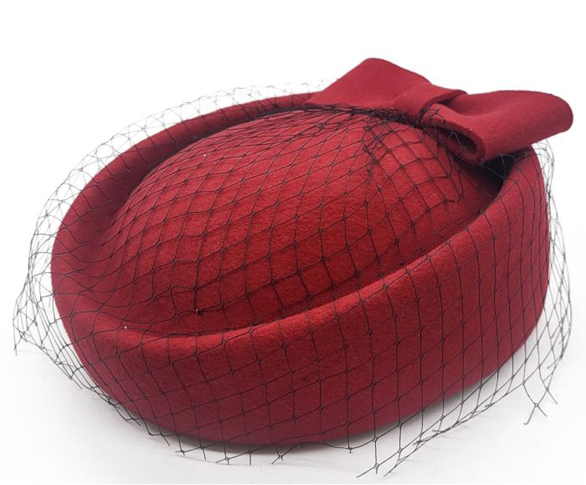 Edler_SCHLEIER_Vintage_Wool_Federn_Veiled_Pillbox_HAT__Weinrot-3