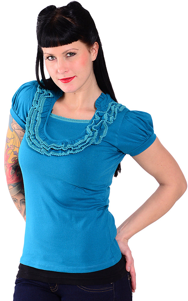 Edles_PIN_UP_Rueschen_RUFFLE_Kurzarm_SHIRT_-_Tuerkis