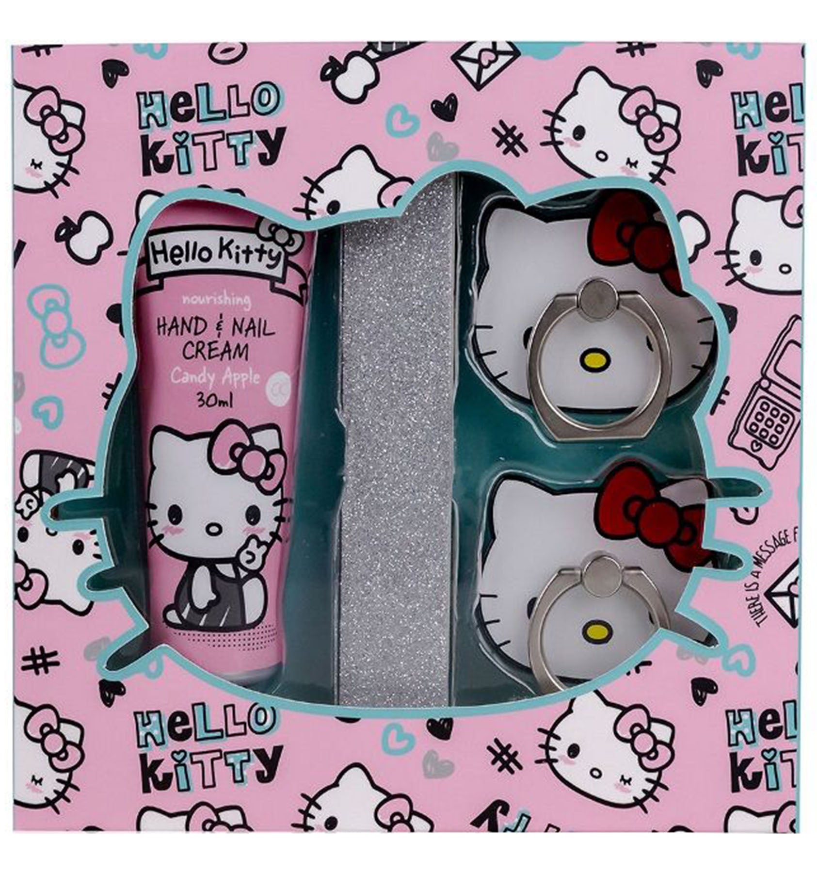 Geschenkset_HELLO_KITTY_Handyhalter_Nagelfeile_Hand-_und_Nagelcteme_Kandierter_Apfel_Candy_Apple_killer_kirsche