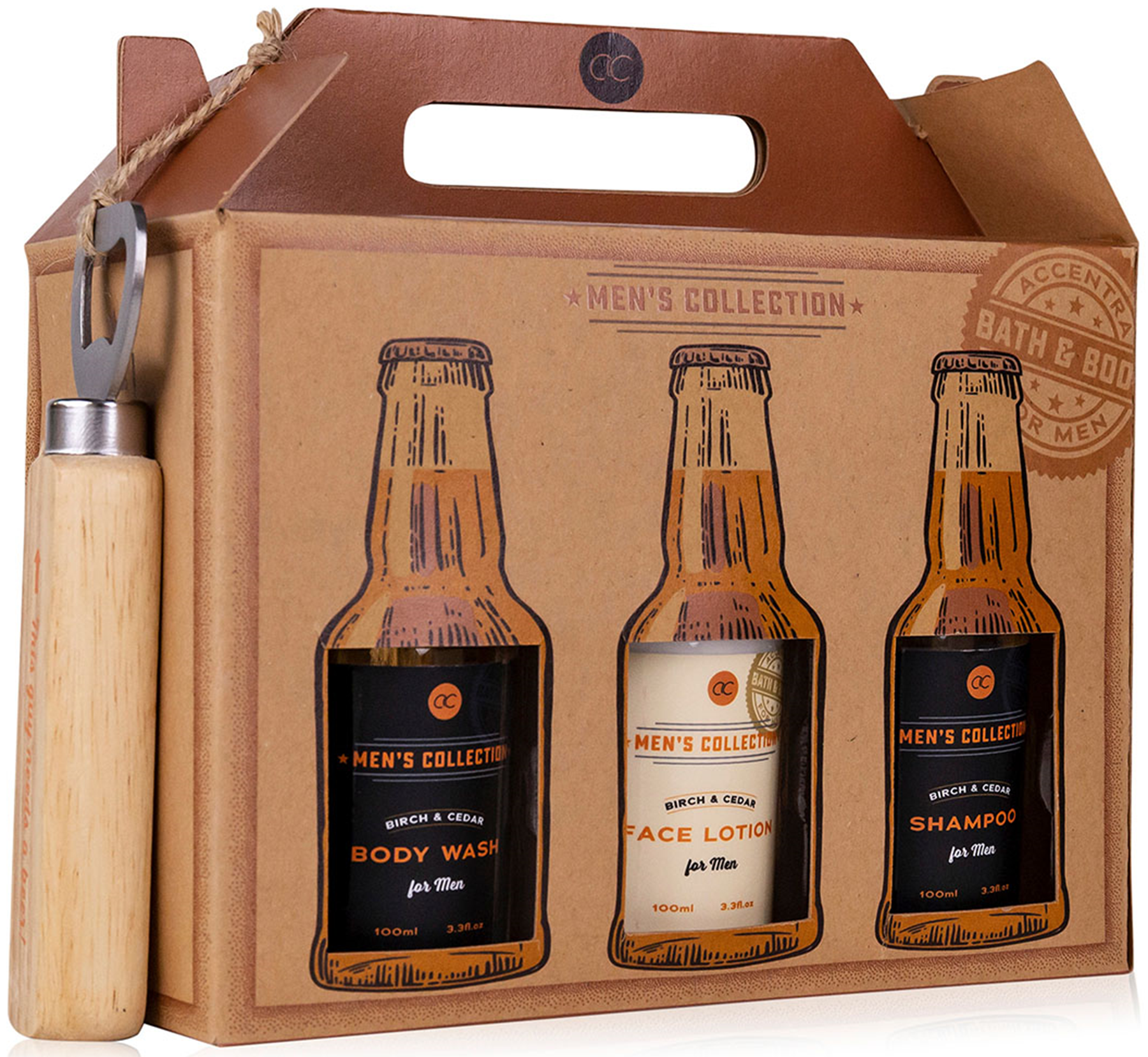 Geschenkset_MEN_COLLECTION_SIXPACK_-_Body_Wash-Handlotio-Face_Wash-Gesichtslotion-Shampoo-After_Shave_Balm-Flaschenoeffner_mit_Holzgriff_-_Birke_und_Zede_killer_kirsche2