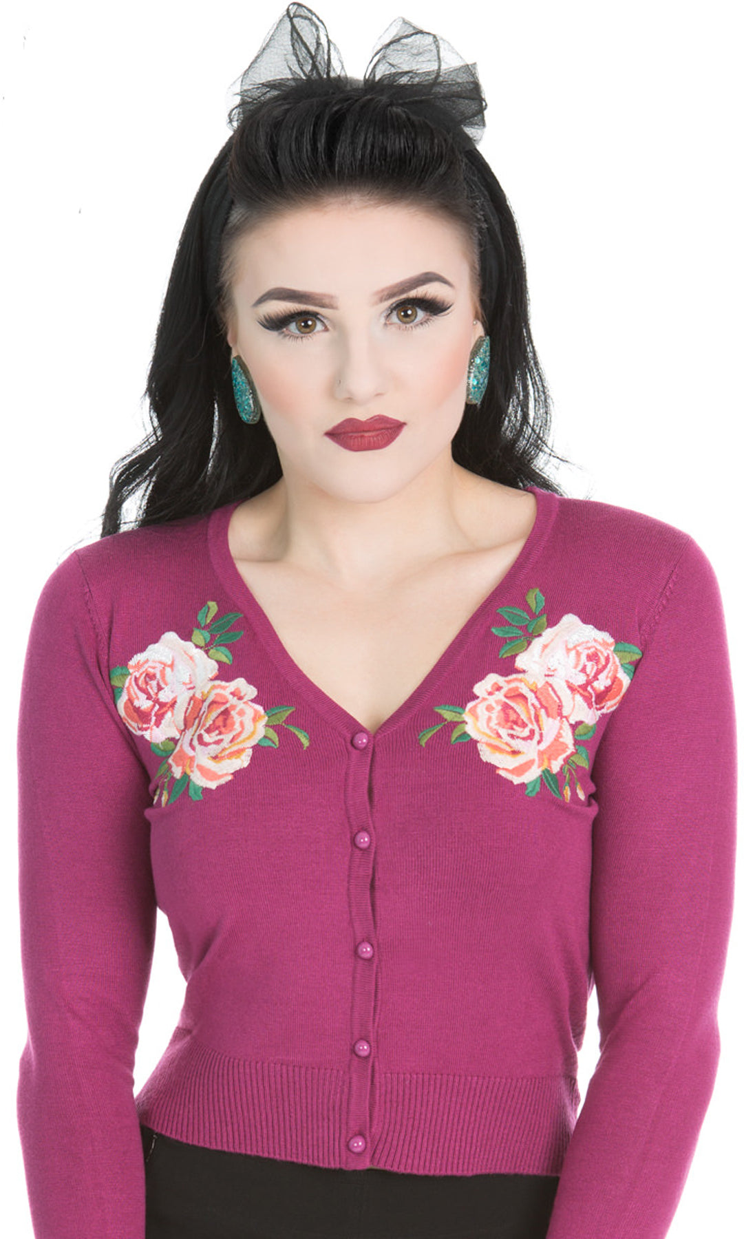 Hearts_Roses_ROSY_V-Neck_Roses_Vintage_50s_Cardigan_STRICKJACKE_Magenta