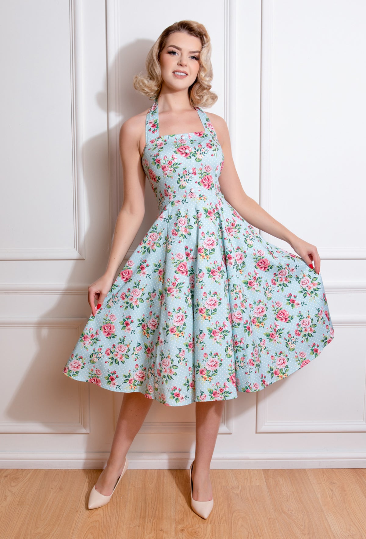 Hearts__Roses_HEIDI_FLORAL_Rosen_Punkte_Vintage_Neckholder_SWING_Dress_KLEID__Himmelblau-5