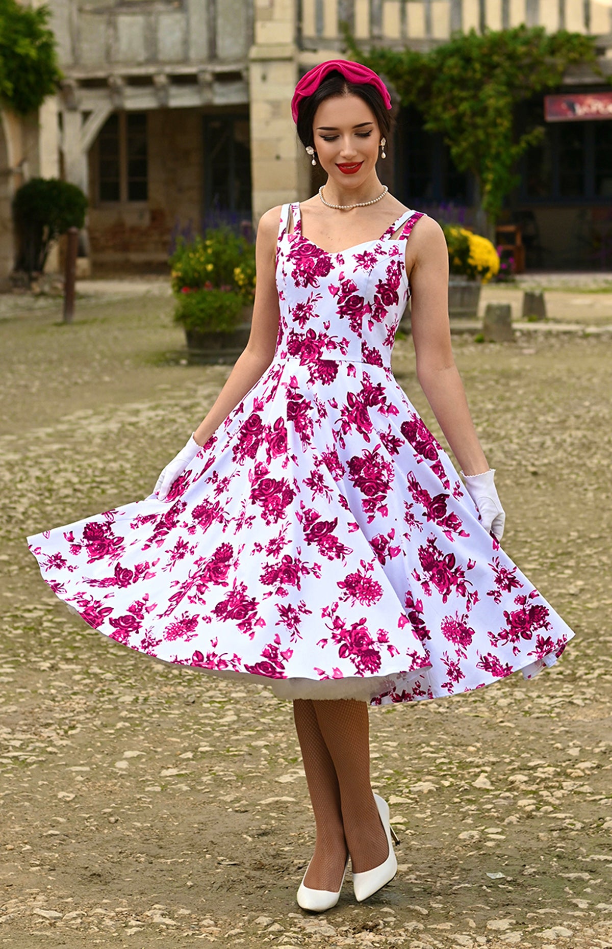 Hearts__Roses_PINK_ROSACEAE_Vintage_Floral_50s_Rose_Straps_SWING_Dress_KLEID_-_Weiss-2