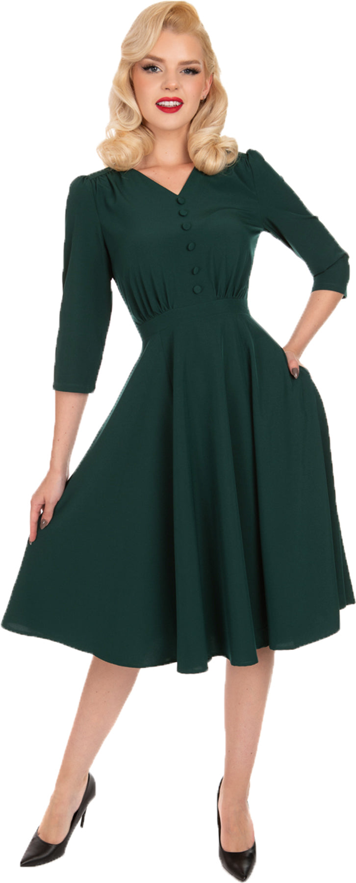 Hearts_and_Roses_VERDE_Vintage_PLAIN_Uni_Dreiviertelarm_V-NECK_Swing_Dress_KLEID_Killer_Kirsche-1