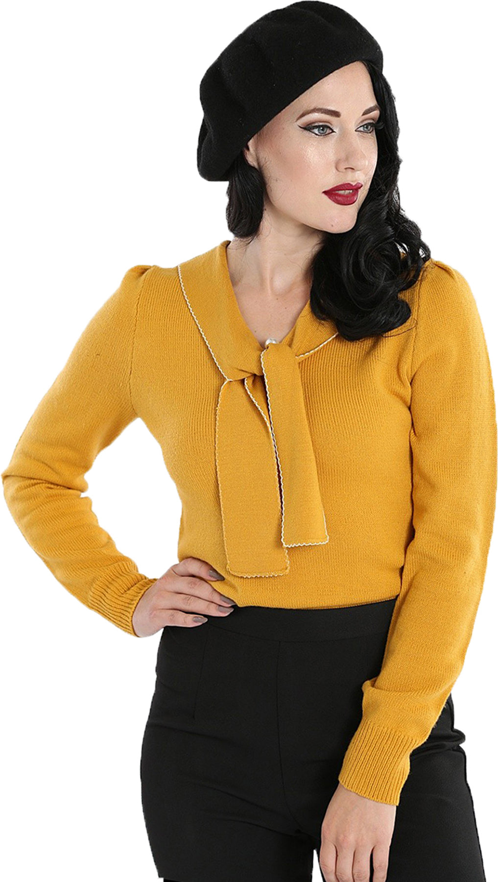 Hell_Bunny_CONNIE_Vintage_V-NECK_Knitted_Retro_Pearl_PULLOVER_Jumper_Gelb_killer_kirsche