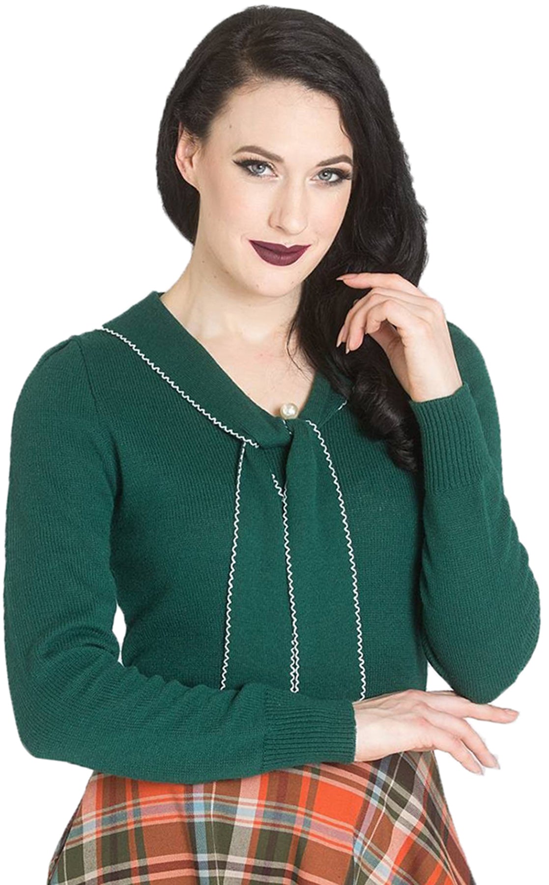 Hell_Bunny_CONNIE_Vintage_V-NECK_Knitted_Retro_Pearl_PULLOVER_Jumper_Gruen_killer_kirscheyQqdZZEDe5pTE