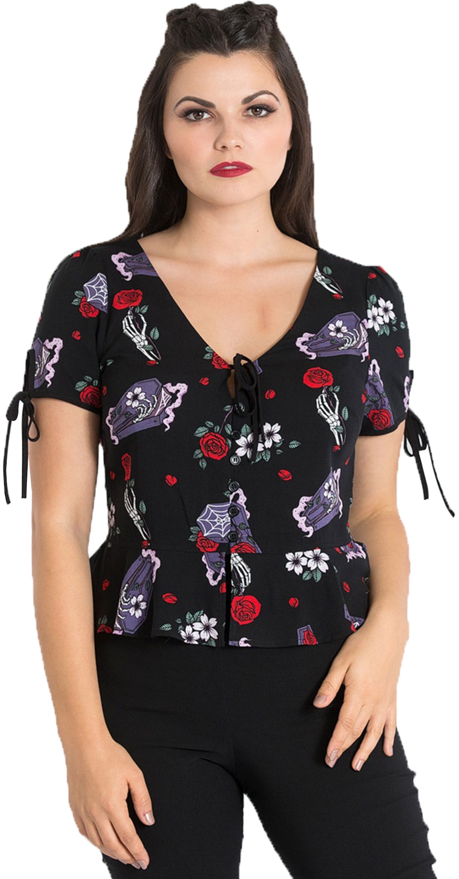 Hell_Bunny_EVEN_IN_DEATH_Rosen_Coffin_V-NECK_Kurzarm_PEPLUM_BLUSE_Blouse_Killer_Kirsche-1