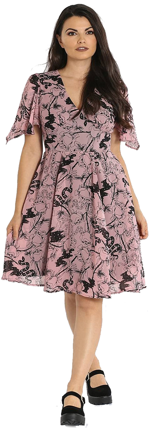Hell_Bunny_FIONA_Vintage_Chiffon_ROSES_Snakes_V-Neck_SWING_Dress_KLEID_killer_kirsche