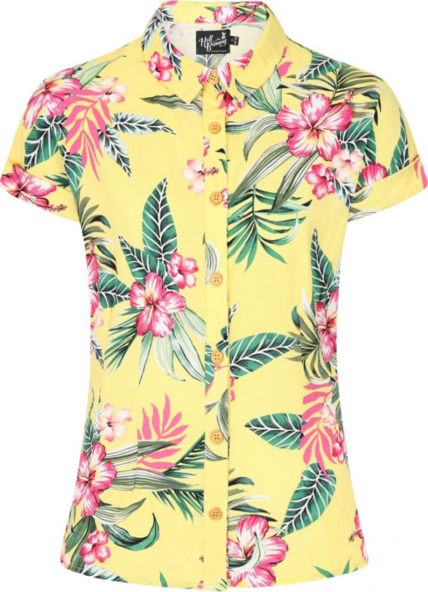 Hell_Bunny_KALANI_Tropical_HIBISKUS_TIki_Kurzarm_BLUSE_Shirt_Hemd_Gelb-3