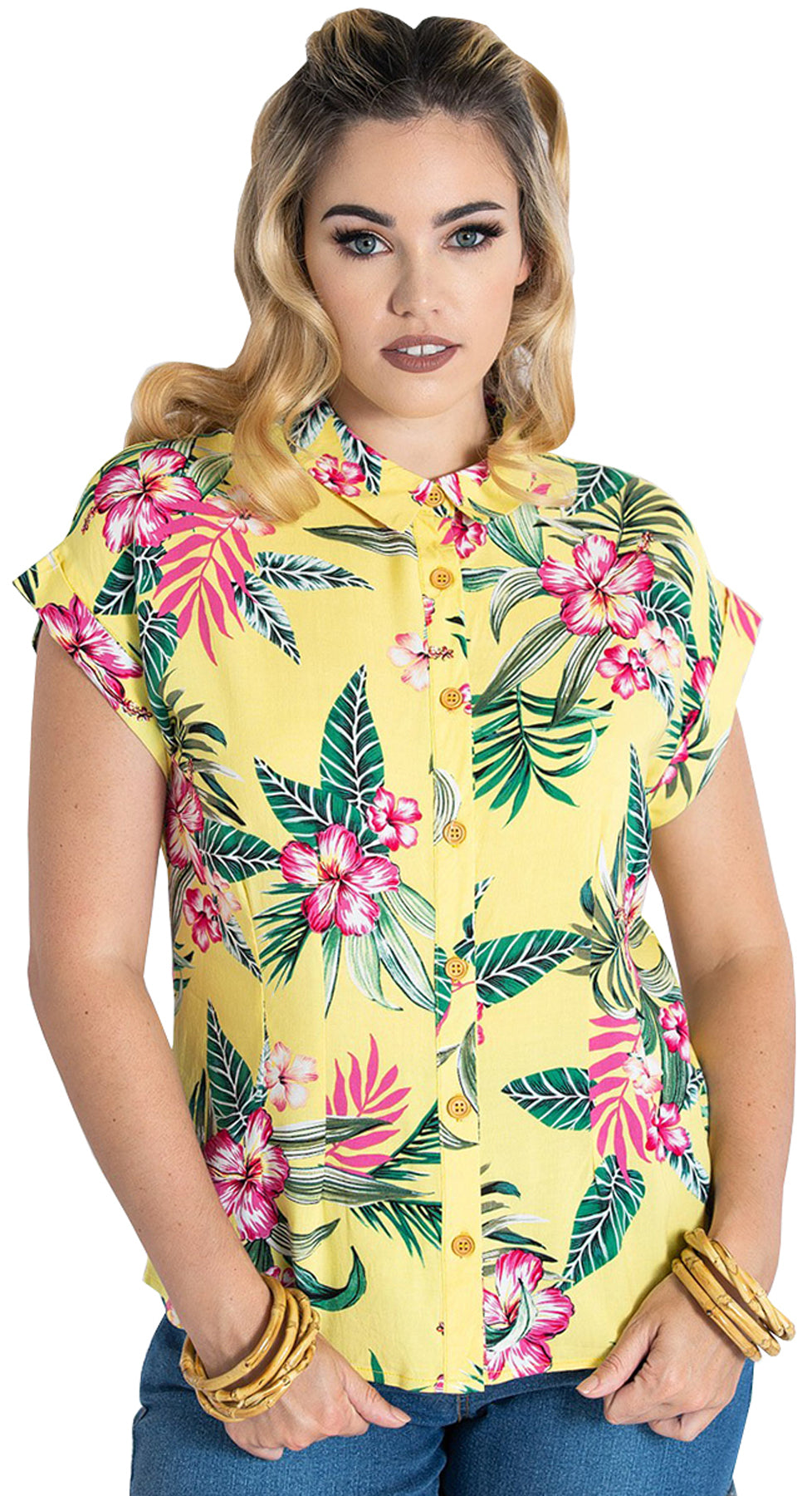 Hell_Bunny_KALANI_Tropical_HIBISKUS_TIki_Kurzarm_BLUSE_Shirt_Hemd_Gelb_killer_kirsche