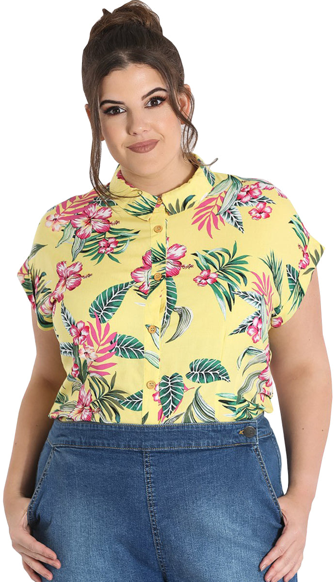 Hell_Bunny_KALANI_Tropical_HIBISKUS_Tiki_Kurzarm_BLUSE_Hemd_Plus_Size_Gelb-1