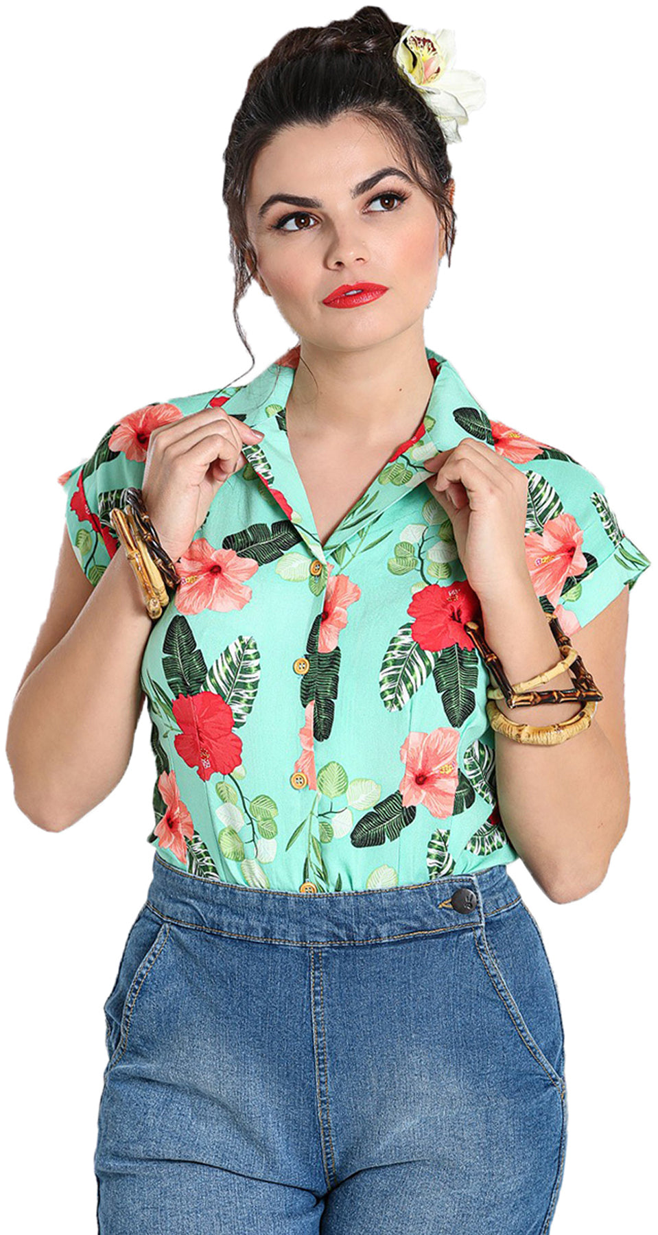 Hell_Bunny_MOANA_Tropical_HIBISKUS_Blumen_Kurzarm_Retro_BLUSE_Shirt_Hemd-1