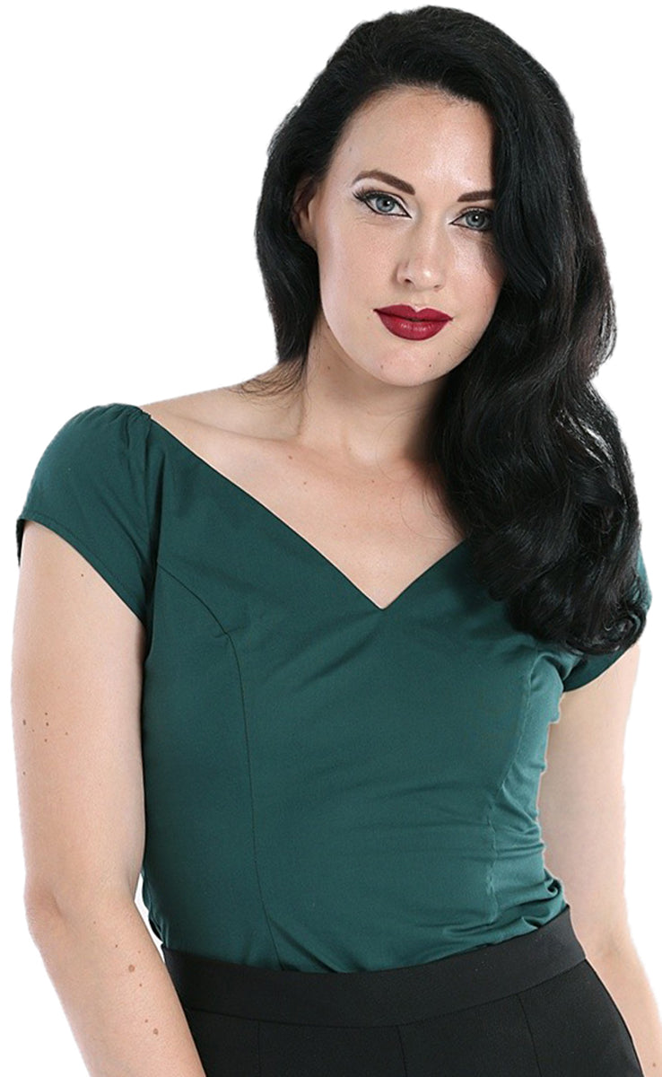 Hell_Bunny_PETUNIA_Vintage_V-NECK_Plain_Kurzarm_SHIRT_Top_Oberteil_Gruen-1