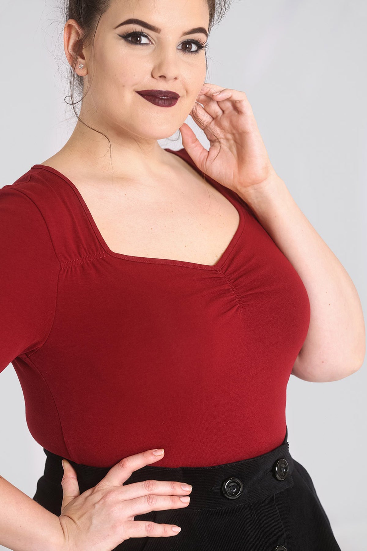 Hell_Bunny_PHILIPPA_Vintage_BASIC_Dreiviertelarm_Oberteil_SHIRT_Maroon_Plus_Size_killer_kirsche_2