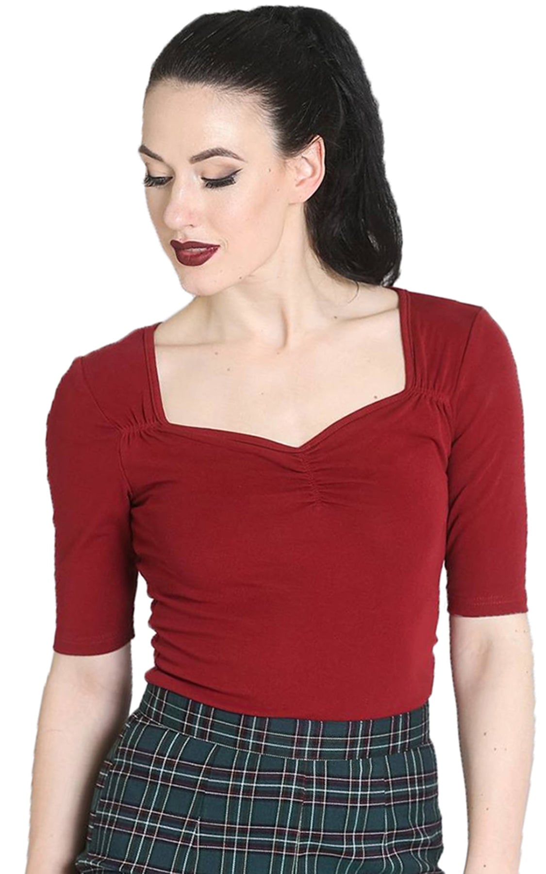 Hell_Bunny_PHILIPPA_Vintage_BASIC_Dreiviertelarm_Oberteil_SHIRT_Maroon_killer_kirsche