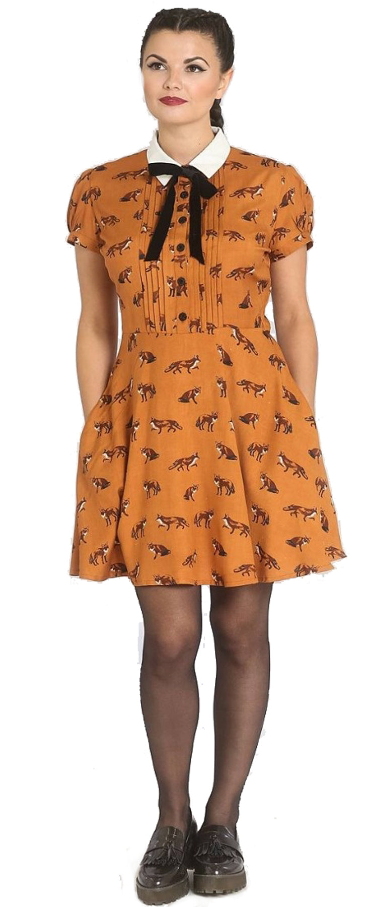 Hell_Bunny_VIXEY_Vintage_FOX_Fuchs_Kurzarm_Mini_SWING_DRESS_Kleid_Braun_killer_kirsche_1