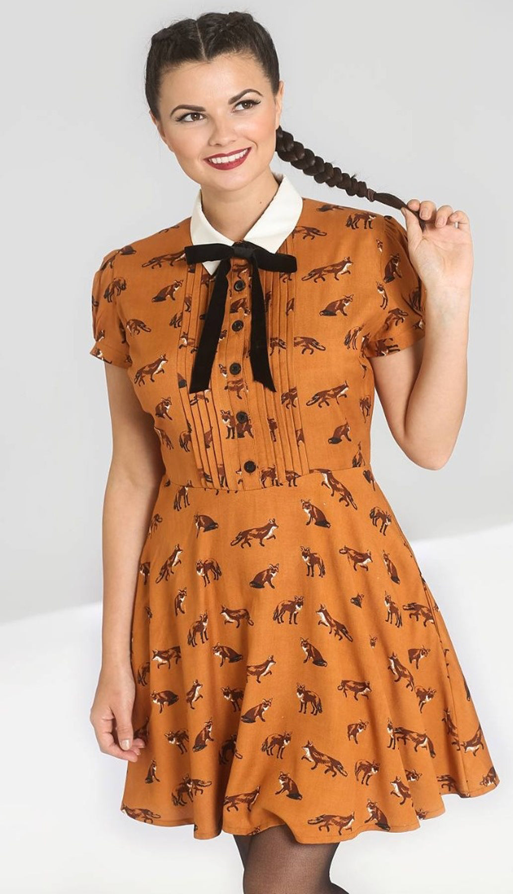 Hell_Bunny_VIXEY_Vintage_FOX_Fuchs_Kurzarm_Mini_SWING_DRESS_Kleid_Braun_killer_kirsche_2