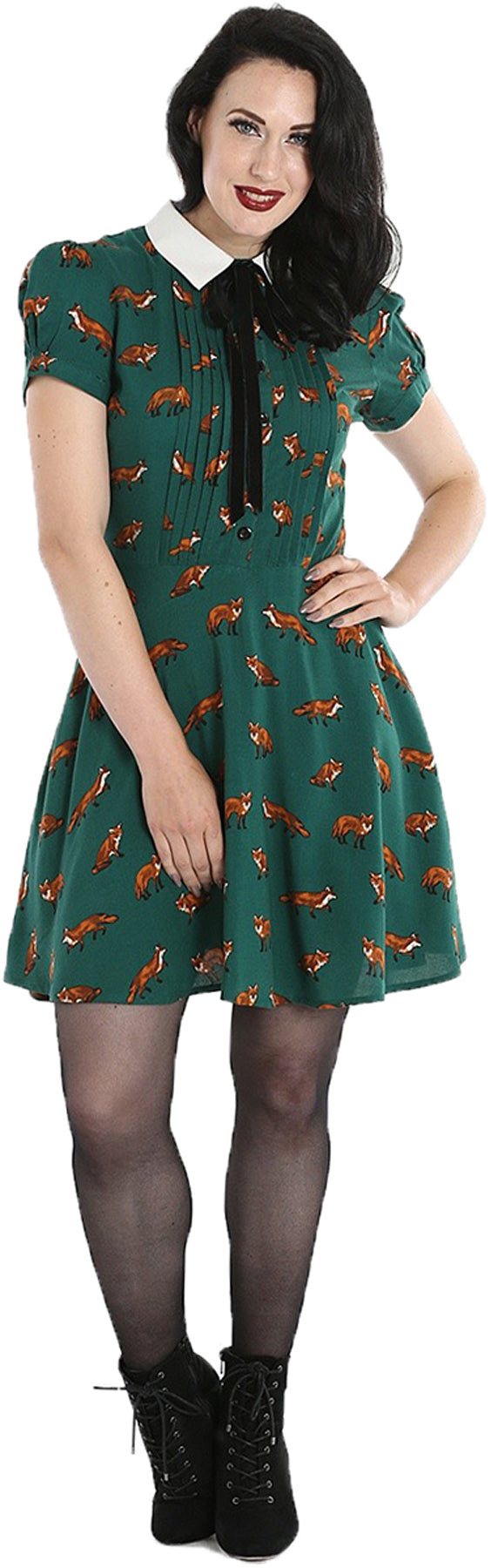 Hell_Bunny_VIXEY_Vintage_FOX_Fuchs_Kurzarm_Mini_SWING_DRESS_Kleid_Gruen_killer_kirsche