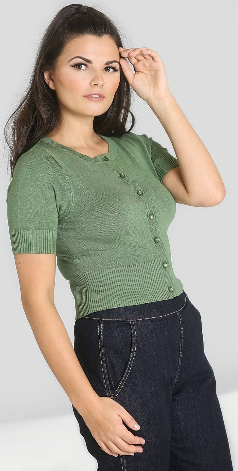Hell_Bunny_WENDI_Vintage_KURZARM_Rundhals_Cardigan_STRICKJACKE_Khaki_killer_kirsche