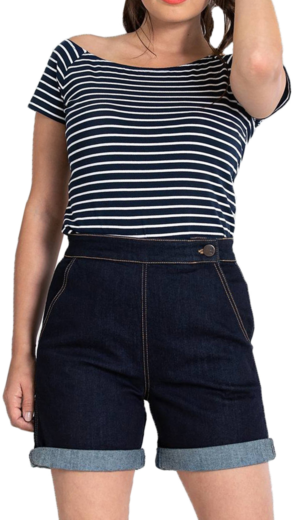 Hell_Bunny_YAZ_Vintage_DENIM_High_Waisted_JEANS_SHORTS_Hose_Blau_killer_kirsche