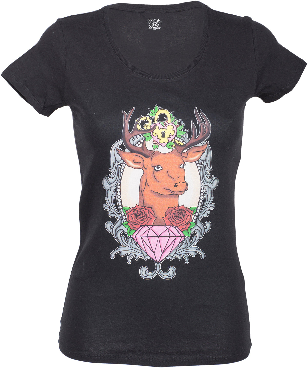 KM225_-_Kuestenluder_Kamee_DEER_Hirschkopf_Diamond_Rose_Motiv_SHIRT_-_Schwarz