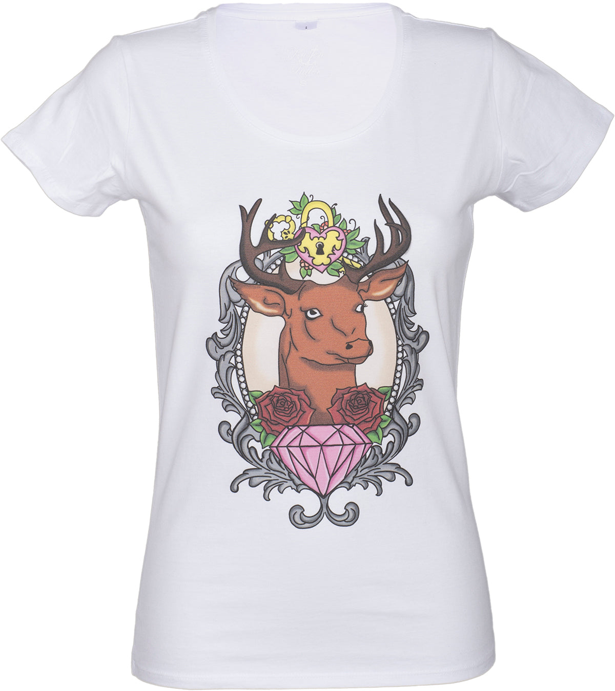 KM226_-_Kuestenluder_Kamee_DEER_Hirschkopf_Diamond_Rose_Motiv_SHIRT_-_Weiss