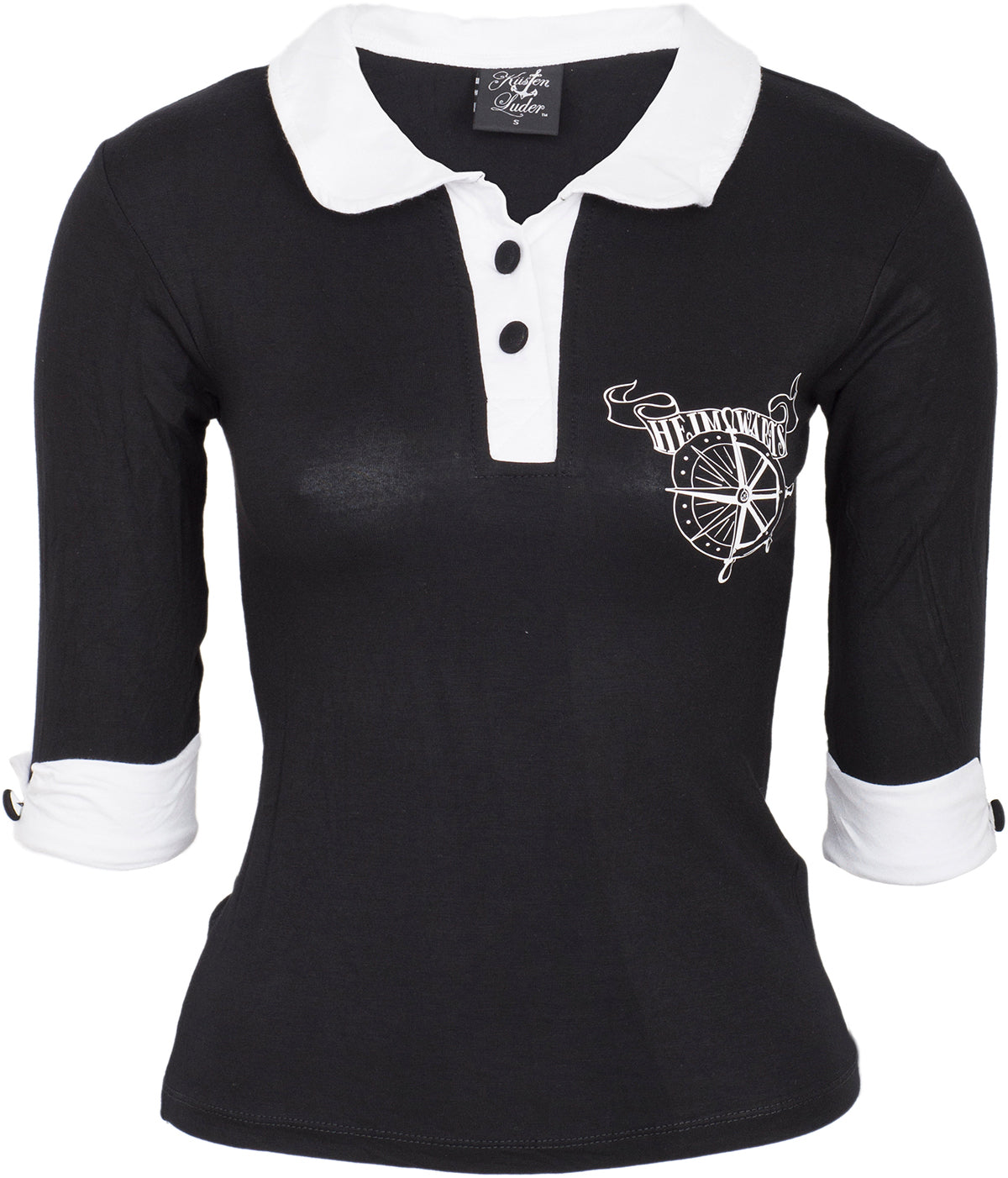 KM356_-_Kuestenluder_HEIMWaeRTS_Oldschool_Steuerrad_Kompass_POLOSHIRT_-_Schwarz
