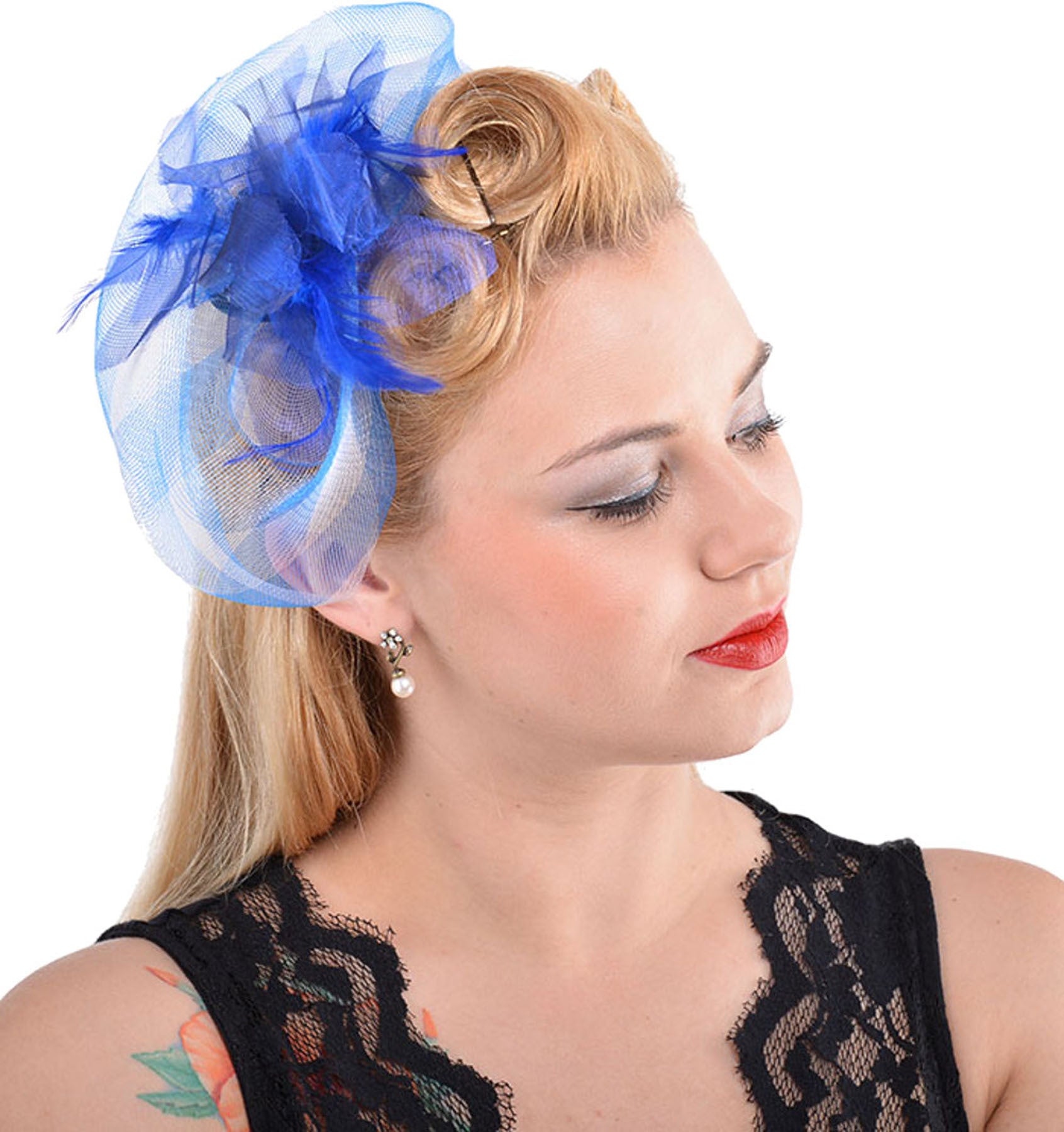 Killer_Kirsche_50s_KIRSTEN_Retro_LILY_PAD_Netztuell_HEADPIECE_Fascinator_-_Blau