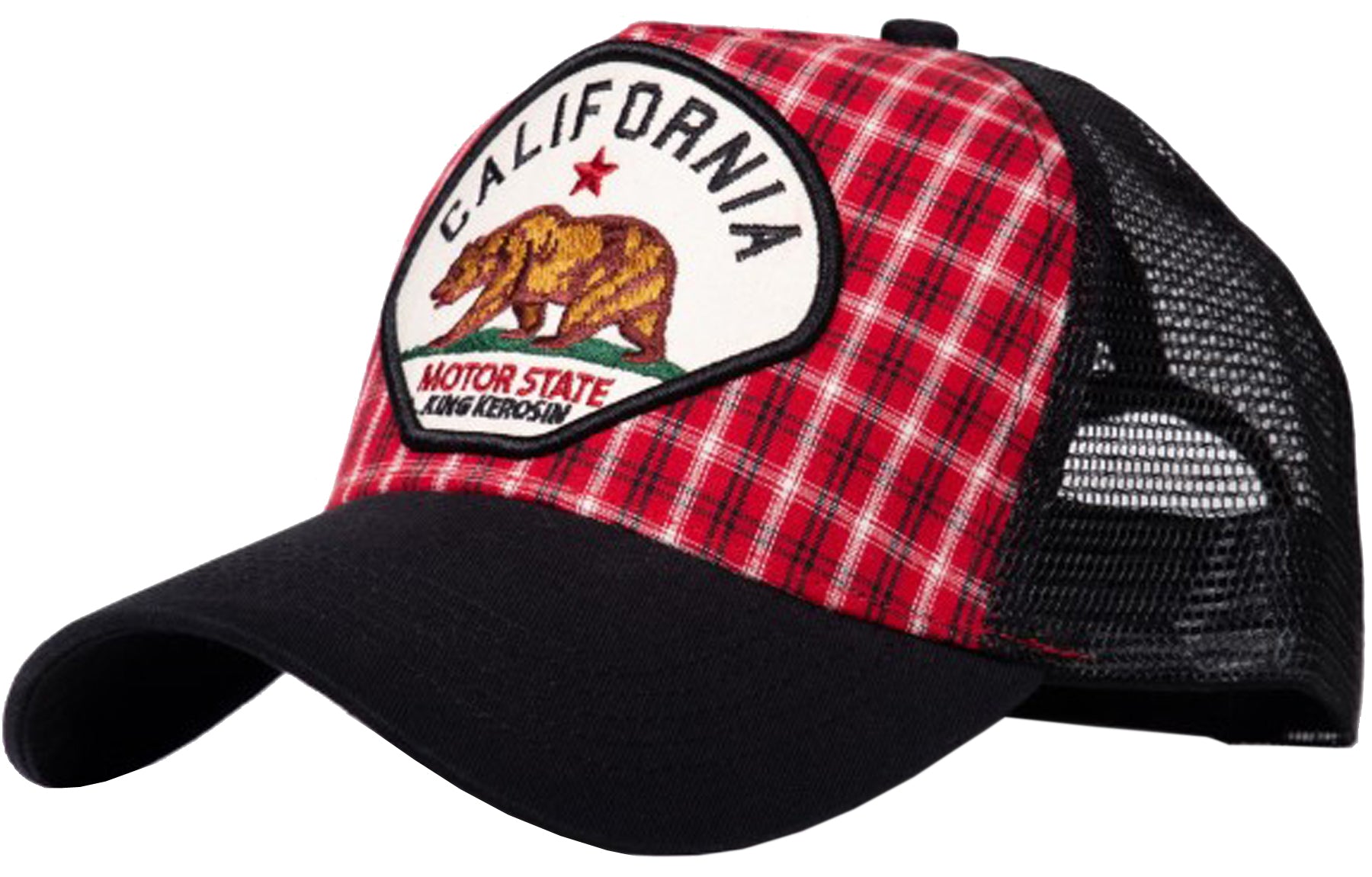 King_Kerosin_CALIFORNIA_Grizzlybear_Baer_STICKEREI_MESH_Tartan_Karo_Retro_TRUCKER_CAP_killer_kirscheW8j8z6dy8pf26