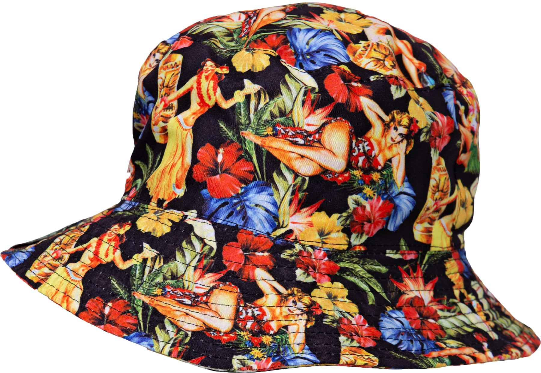 King_Kerosin_NAKED_TIKI_Hibiskus_Hula_Girls_2_in_1_WENDBARER_BUCKET_HAT_Fischerhut_Killer_Kirsche-1