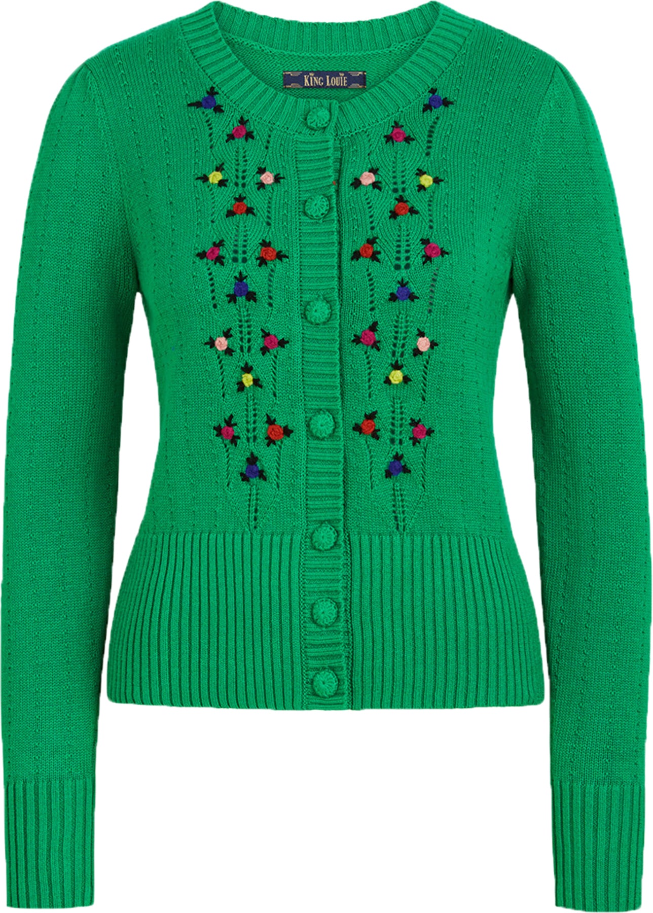 King_Louie_CARDI_TOFFEE_Rundhals_Blumen_EMBROIDERY_Strickjacke_CARDIGAN_Gruen_Killer_Kirsche-1