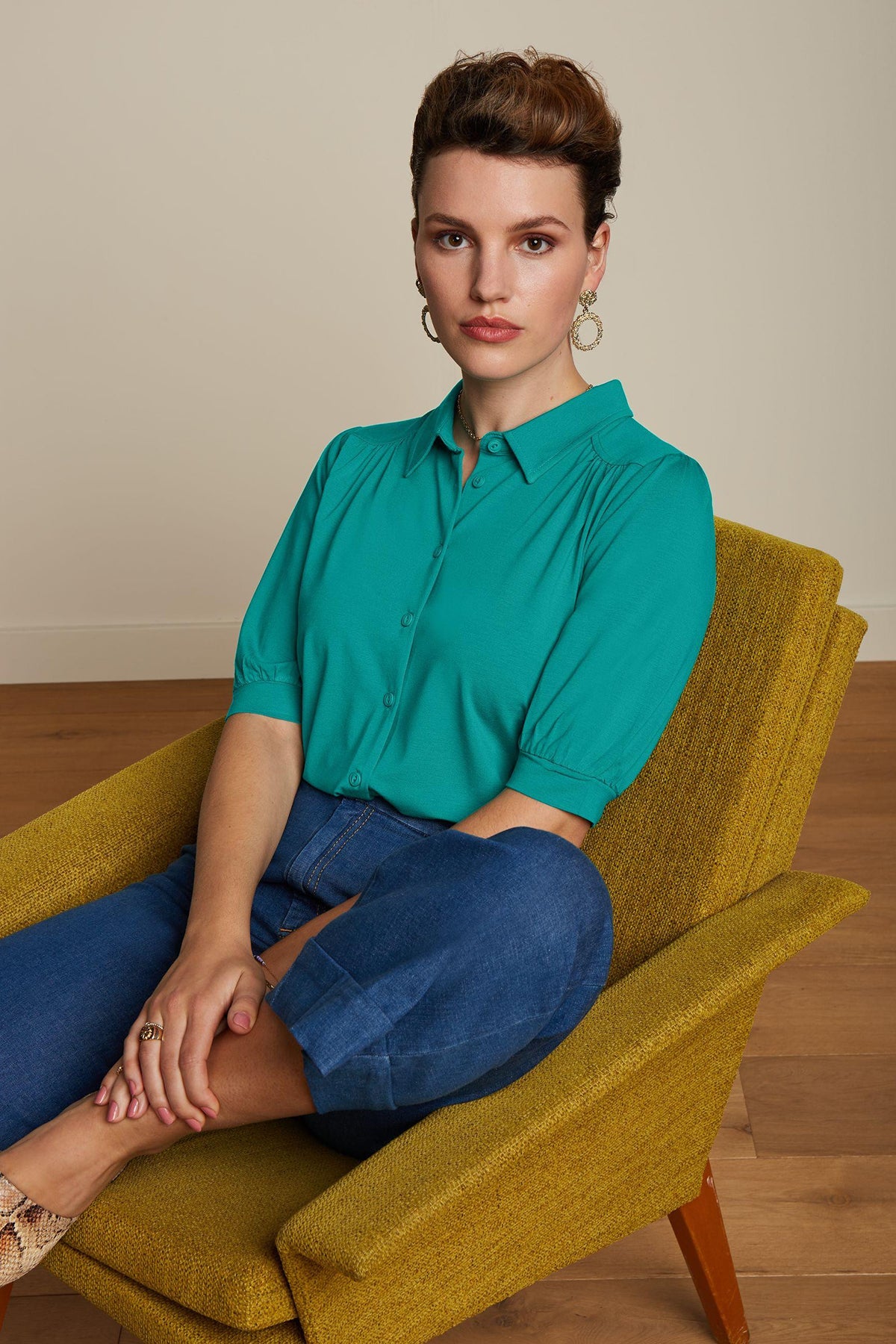 King_Louie_CARINA_Vintage_Uni_Halbarm_BLUSE_Oberteil_Blouse_-_Aqua_Green_killer_kirsche_1