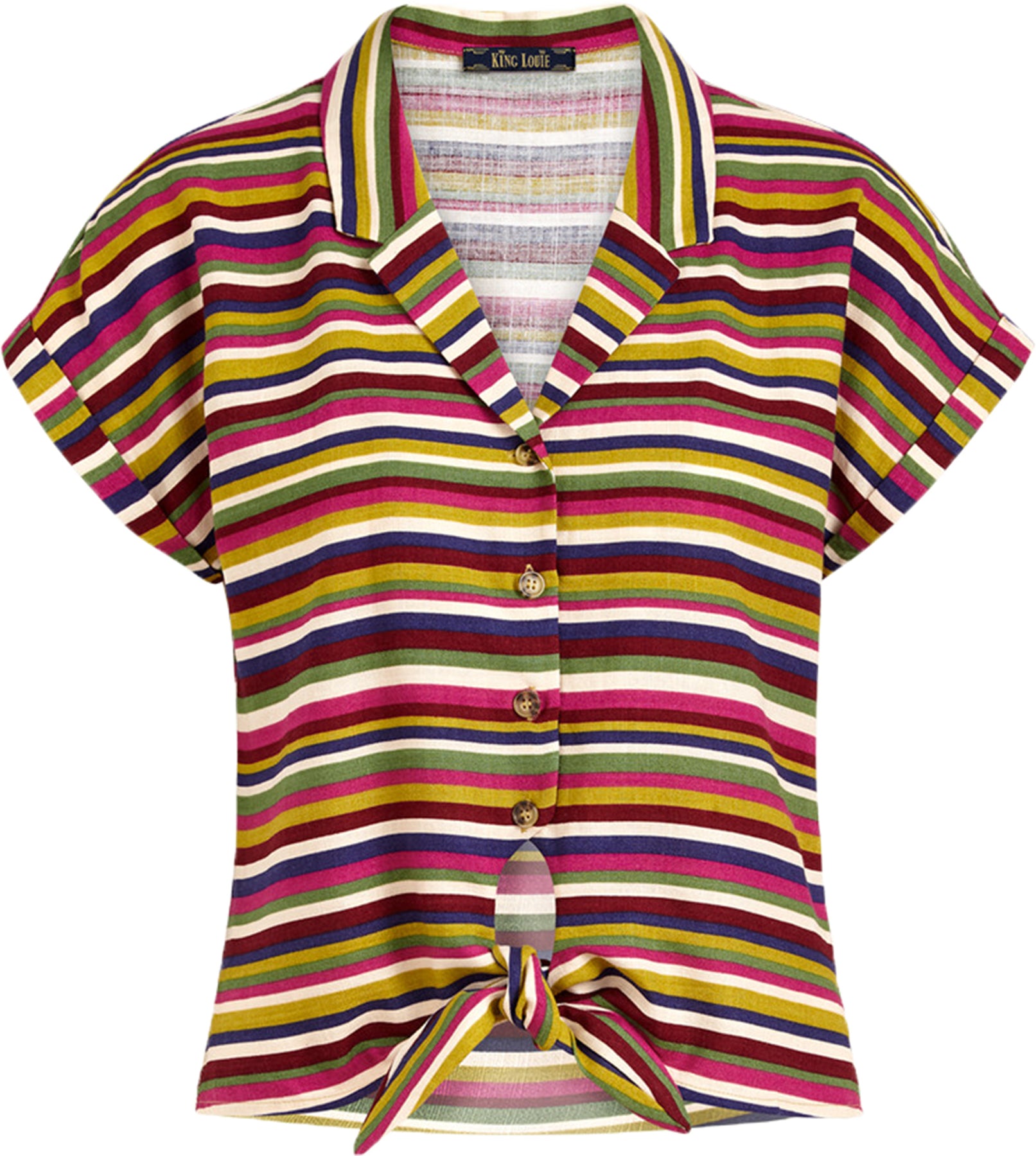 King_Louie_CLARA_STRIPE_Retro_STREIFEN_V-Neck_Kurzarm_KNOT_BLOUSE_Bluse_Killer_Kirsche-1