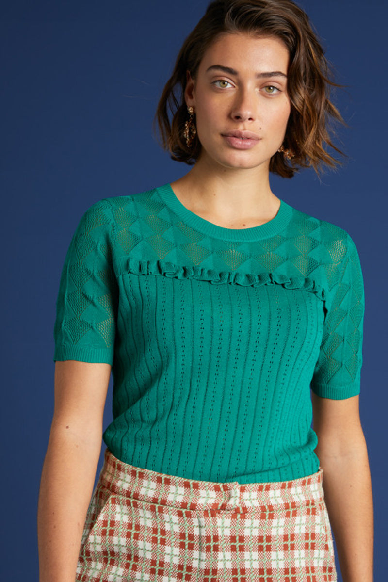 King_Louie_MOONSTONE_Vintage_RUFFLE_Lochmuster_Kurzarm_SHIRT_Oberteil_Gruen_killer_kirsche_1