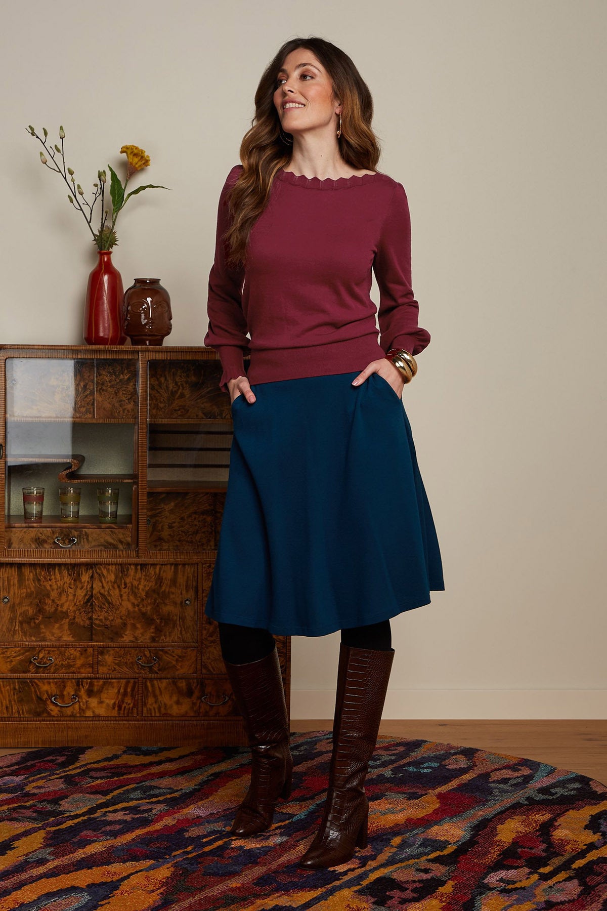 King_Louie_SERENA_MILANO_CREPE_Retro_PLAIN_High_Waist_SWING_SKIRT_Rock_Pond_Blue_Killer_Kirsche-3