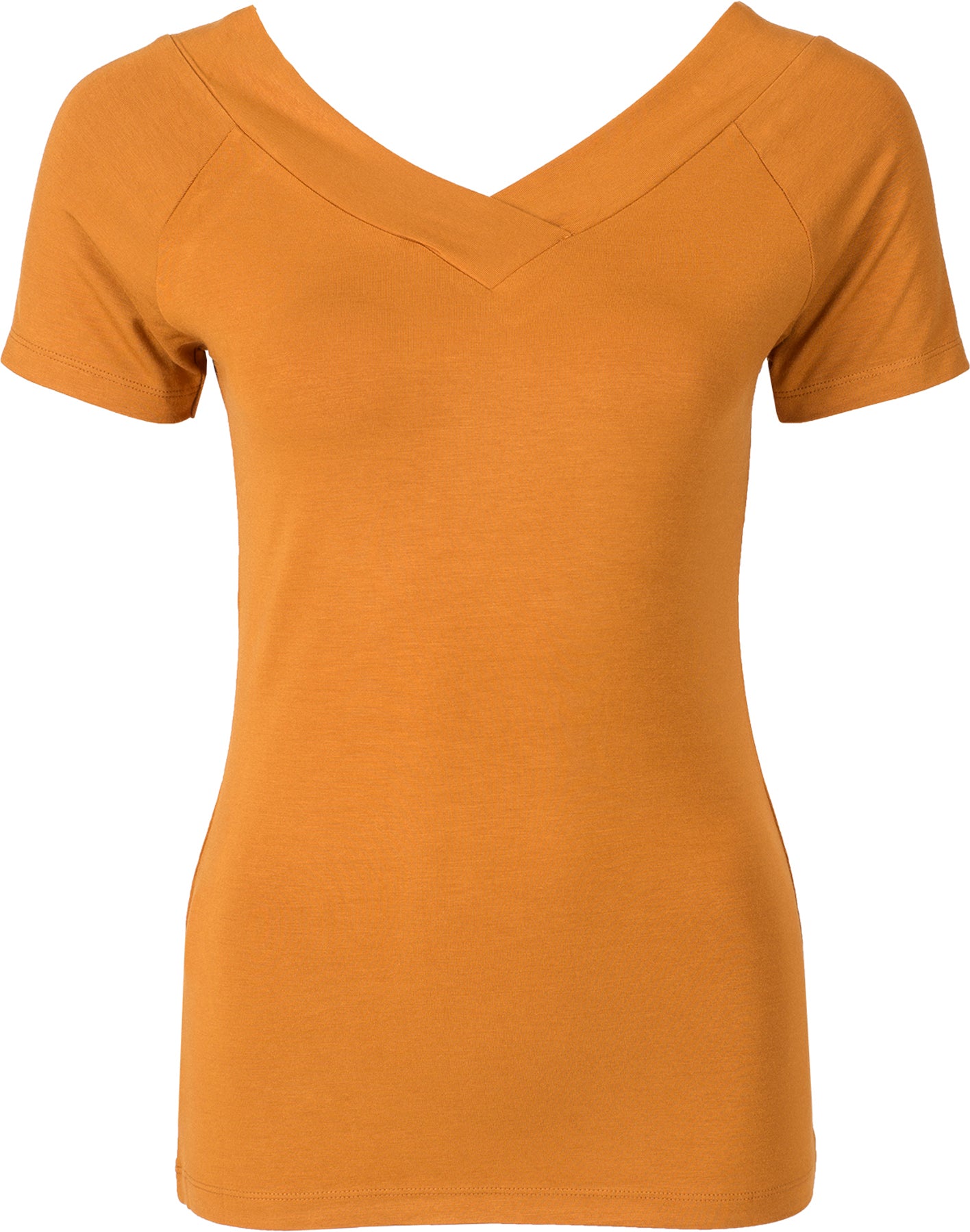 Kuestenluder_ALLEGRA_Vintage_V-NECK_Raglan_Kurzarm_SHIRT_Senfgelb_killer_kirsche