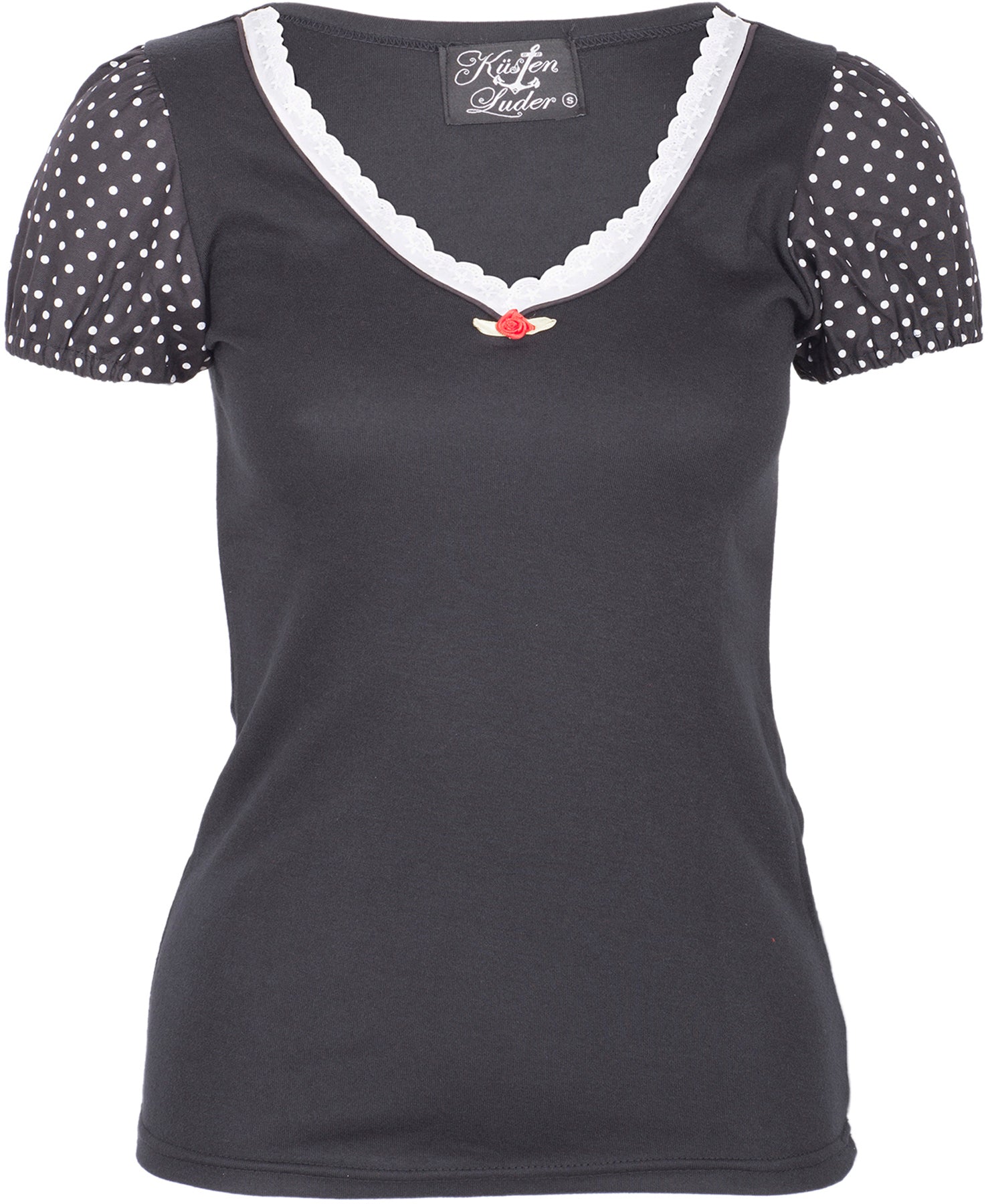 Kuestenluder_ALYSSA_Polka_Dots_PUNKTE_Sleeve_LACE_V-Neck_Vintage_SHIRT_killer_kirscheRpZdBW5BiQg1F