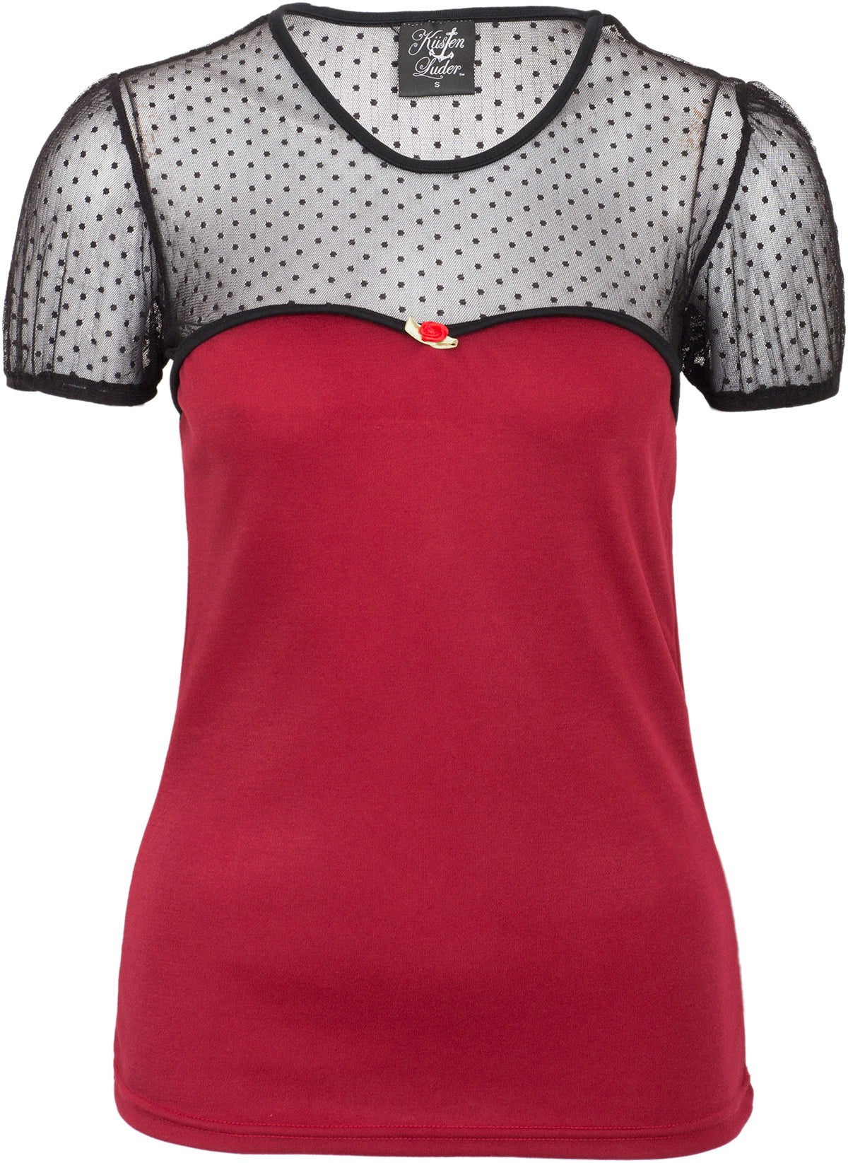 Kuestenluder_CARLEY_Vintage_Polka_Dots_Mesh_TULLE_Roses_Pin_Up_Oberteil_SHIRT_-_Rot