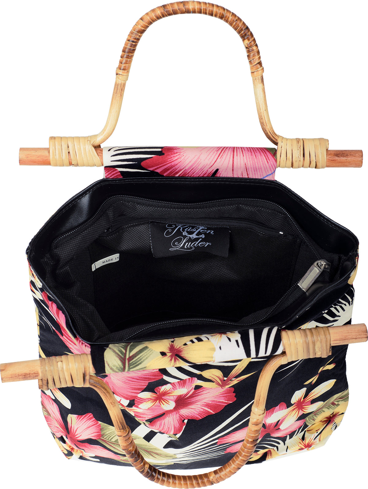 Kuestenluder_CATHLEN_Tropical_HIBISKUS_Blumen_Bambushenkel_HANDTASCHE_schwarz-5