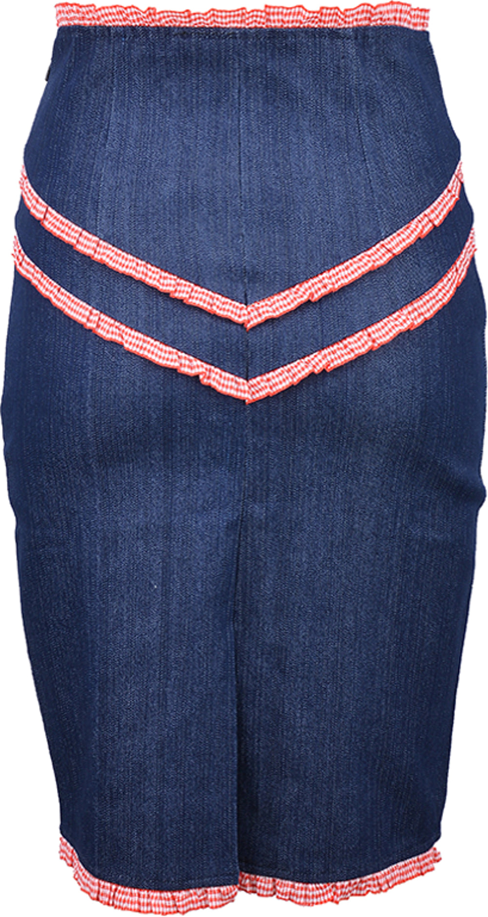 Kuestenluder_CECILY_Jeans_Denim_PIN_UP_Ruffle_VICHY_Pencil_Skirt_rot_1